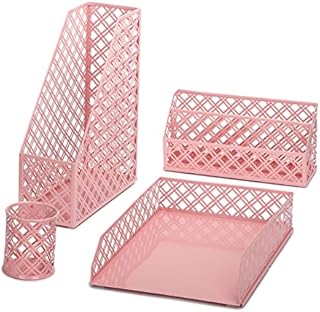Exerz Desk Organiser 4 Pieces/Office Set/Desktop Metal Mesh Filing Including: A4 Letter Tray x 1, A4 Magazine Rack/Upright Document Holder x 1, Letter Sorter x1, Pen Holder x 1 (Light Pink)