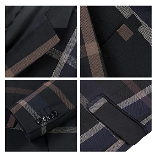 Mens Plaid Suits Slim Fit 2 Piece Tuxedo Suit Jacket Formal Check Suit Set For Men Casual Wedding Business Black-Navy #TOP5