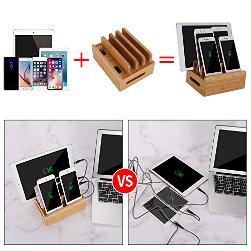 Bureau en Bois de Bambou Cordons Multi-appareils Support Organisateur et Station de Charge Chargeur Docks Support de Berceau pour iPhone iPad Samsung Huawei OnePlus LG Sony Smartphones et Tablets