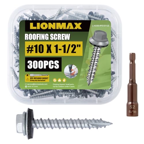 LIONMAX Metal Roofing Screws #10 × 1-1/2 Inch, 300-PCS, Rustproof Coating Hex Head Sheet Metal to...