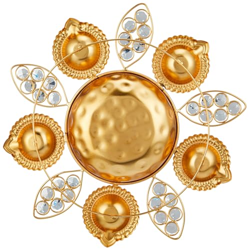Image of Amazon Brand - Solimo Diya Shape Iron Flower Decorative Urli for Home | Handcrafted | Golden | Blue Stone