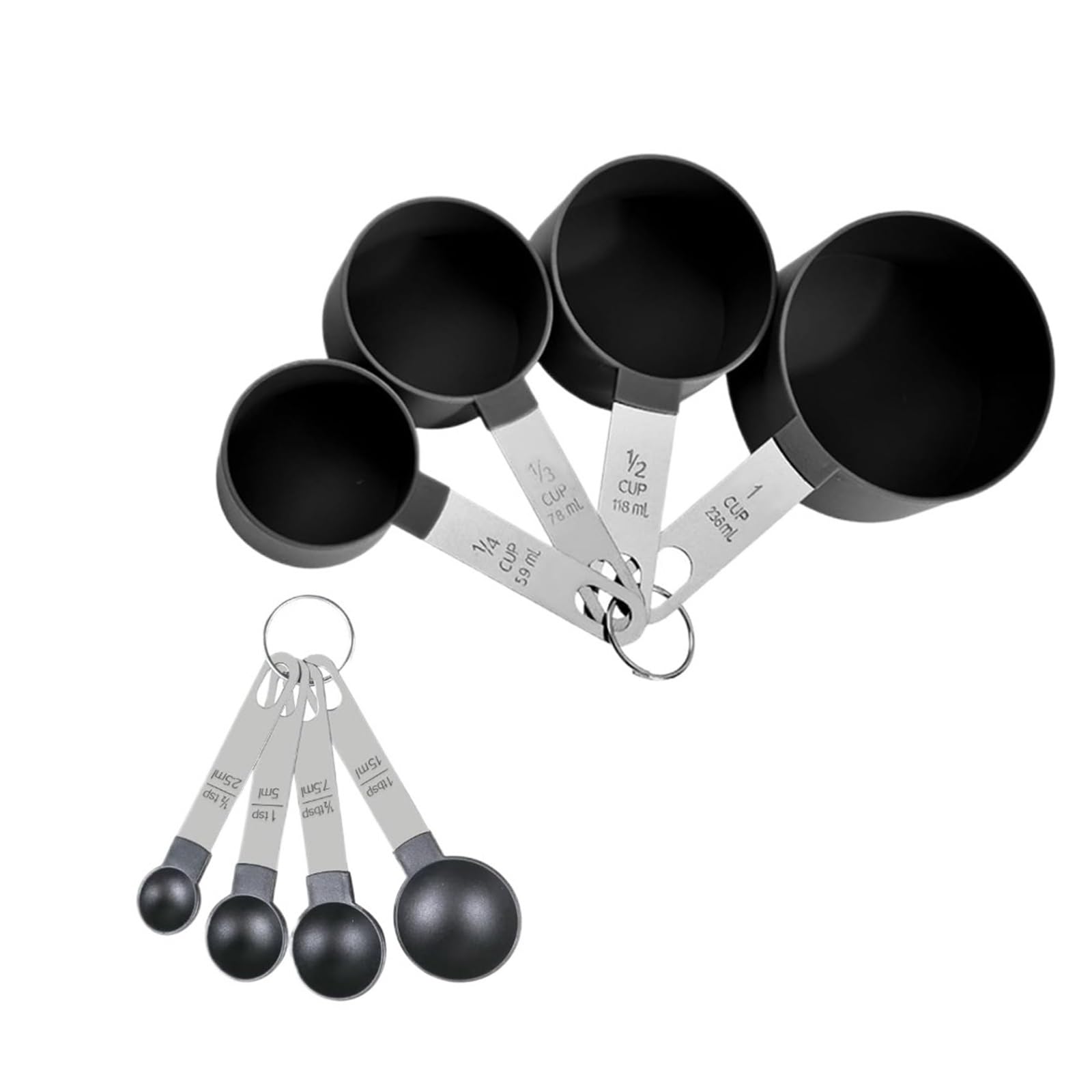 Stapelbares Messbecher- und Löffelset mit Edelstahlgriff | Platzsparende, verschachtelbare Küchenmesswerkzeuge mit langlebigen Edelstahlgriffen(Black 8-piece set)