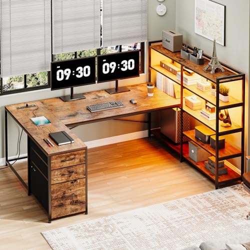 SEDETA L Shaped Desk with Storage Shelves, 64.5" Reversible U Shaped Office Desk with 3 Fabric Drawers, Gaming Desk with Power Outlet & LED Strip for