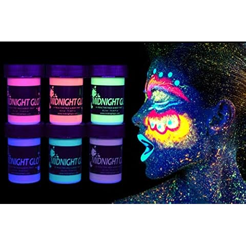 UV Neon Face & Body Paint Metallic Paint (6 Bottles 0.75 oz. Each) - Shimmer Makeup Blacklight Reactive Fluorescent Paint - Safe, Washable, Non-Toxic, By Midnight Glo Cover