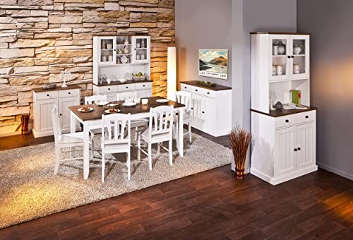 Inter Link - Vitrinenschrank - Küchenschrank - Geschirrschrank - Esszimmerschrank – Vitrine - Landhausstil - Kiefer Massivholz – 5 Türen – 3 Schubladen – Westerland 6.2 – Weiß/Sepia lackiert