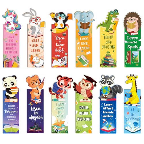 BETESSIN Lesezeichen aus Papier - 24 Stück Tiere mit Sprüchen über das Lesen - Mitgebsel Kindergeburtstag - Kleine Geschenke für Schüler und Buchliebhaber