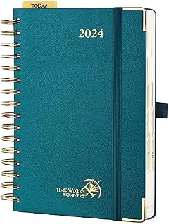 POPRUN A5 Diary 2024 A Page per Day, 24 Daily Planner Day To Page, Appointment Diary - 30 Minutes Interval, Monthly Tabs, Spiral Hardcover, FSC® Paper - Pacific Green