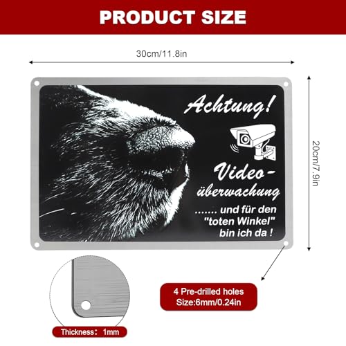 1 Stück AchtungHund Schild Videoüberwachung - Warnschild für Privatgrundstück, Zaun, Wand, Tür - Kamera Schild Überwachung mit Hund Warnung aus Aluminium, 30x20cm, Vorgebohrte Löcher