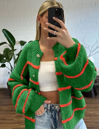 Image of QIBABU Womens Striped Cardigan Sweaters Casual Open Front Long Sleeve Button Down Knit Outwear