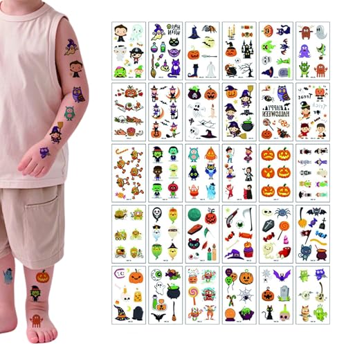 DHWEKU Dia das Bruxas tatuagens temporárias para meninos e meninas, 30 folhas falsas toos autocolantes para pinhata presente infantil festa de Halloween brinquedo, vampiro abóbora monstro crânio