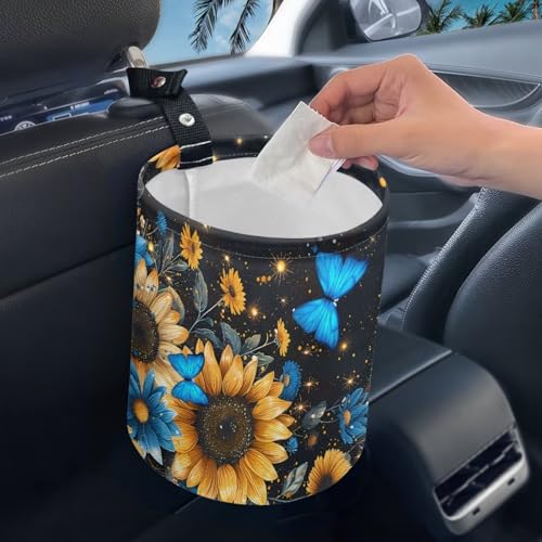 Image of Pensura Blue Butterfly Sunflower Small Car Trash Can Waterproof Trash Bin for Car Quality Hanging Cup Holder Organizer with Strap Auto Accessories for Car, Home, Outdoor