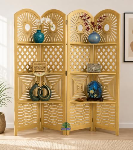 Image of 4 Panel Wooden Room Partition Divider with Decorative Display Shelves | Foldable Privacy Screen for Living Room, Hall, Office & Bedroom | Elegant Gold Finish Home Decor