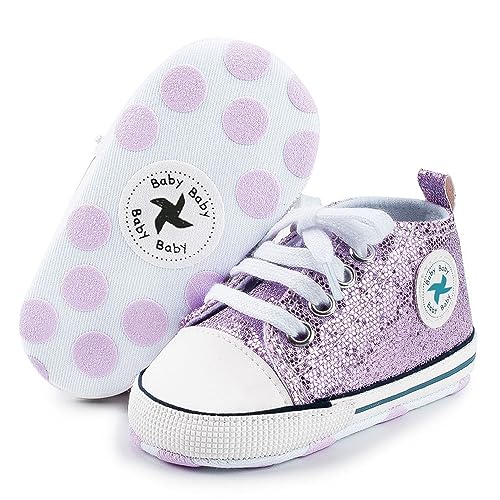 Baby Boys Girls Star High Top Sneaker Soft Anti-Slip Sole Newborn Infant First Walkers Canvas Denim Shoes (12cm, Purple, 6_Months)
