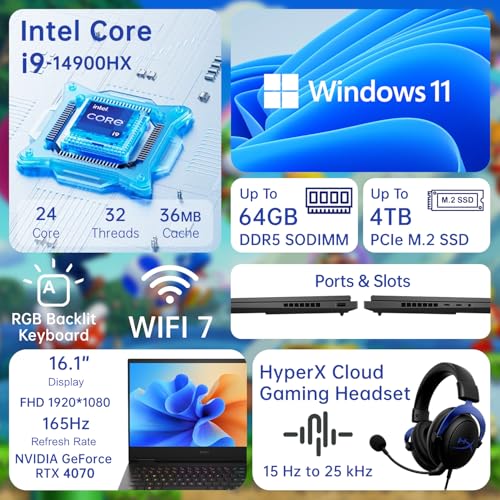 Image of HP Omen 16 AI VR Ready Gaming Laptop, 16.1 inch FHD 165Hz IPS, Intel i9-14900HX, NVIDIA GeForce RTX 4070, 16GB DDR5 RAM, 1TB SSD, RGB Backlit KB, Wi-Fi 7, Bundle with HyperX Cloud Headset