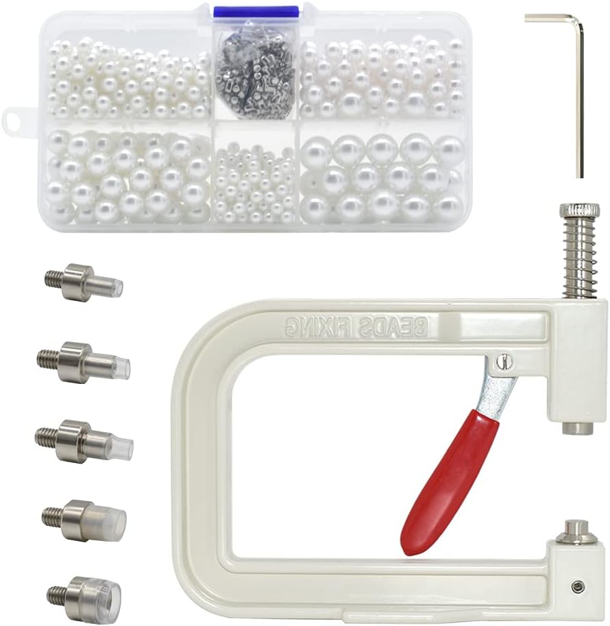 Hdst-Home Pearl Handmade Setting Machine, Beads Rivet Fixing Machine With 5 Sizes Of Round Pearl Beads Rivet Studs For Hats/Shoes/Clothes/Bags/Skirts - White