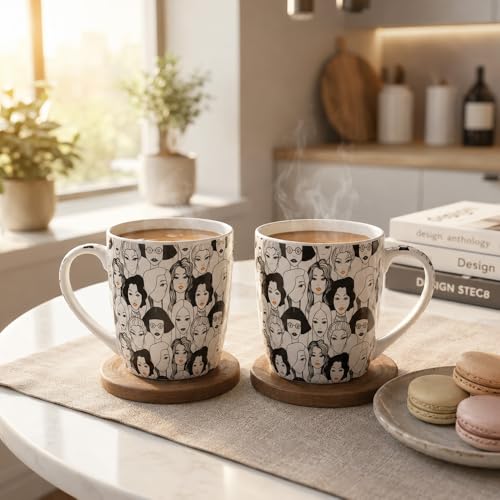 Image of U.P.C. UPC Abstract Face Print Bone China Mug Set of 2 | Artistic Ceramic Tea & Coffee Cups | Lightweight Bone China Cups for Tea, Coffee & Hot Chocolate