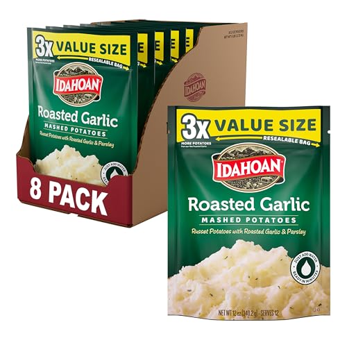 Idahoan Roasted Garlic Value Size Mashed Potatoes, Naturally Gluten-Free, 100% Real Idaho potatoes, No Artificial Flavors or Dyes, 12 servings per bag, 12 oz...