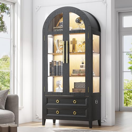 Image of LVSOMT 71 inch Arched Display Cabinet with Glass Doors and Lights, Black Wood