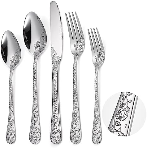 20-Piece Silverware Set, AORESAC Flatware Set For 4, Butterfly Flower Design, Mirror Polish, Forks Spoons, And Knives Set For Home And Kitchen, Dishwasher Safe (Silver - View #7