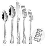 A · HOUSEWARE Floral Silverware Set 6 Silvery Flatware Stainless Steel with Delicate Engraved Rose Flower Embossed Design Complete 30 Piece Cutlery for Restaurant Utensils Home Kitchen Daily Use