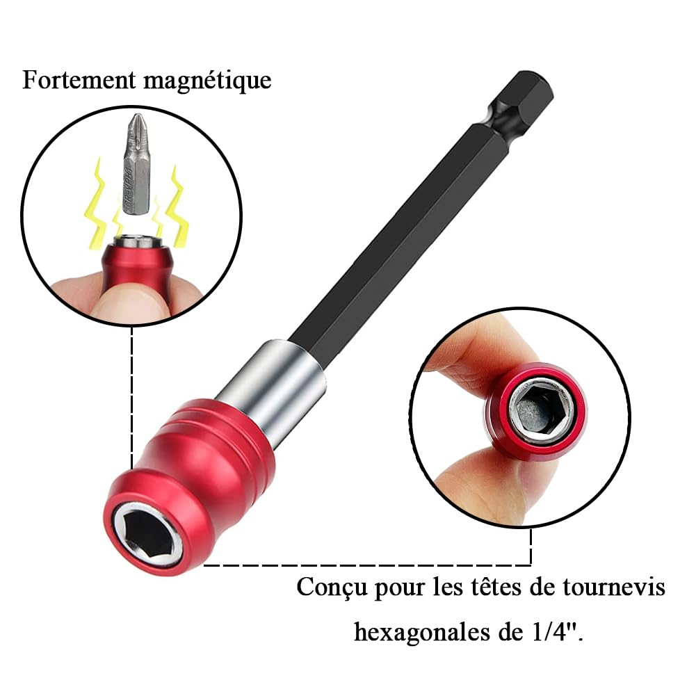 Teocpai 3 x Magnetic Extension Rod for Door 1/4 Inch Hexagonal Screwdrivers Red 60/100/150 mm, 60mm/100mm/150mm - Image 3