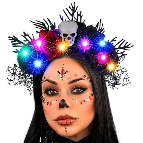 Zoestar Diadema de corona de flores de Halloween con ramas de calavera, diadema LED de telaraña, aro para el cabello del día de los muertos, accesorios para el cabello para mujeres y niñas
