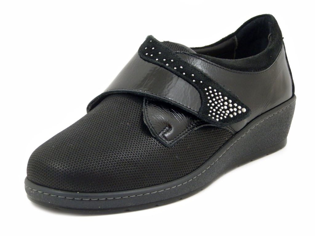 Cinzia Soft Scarpe Donna Ortopediche Sanitaria in Pelle e Tessuto Elasticizzato Nero con Strap, Zeppa Bassa, Plantare Estraibile, 51107D