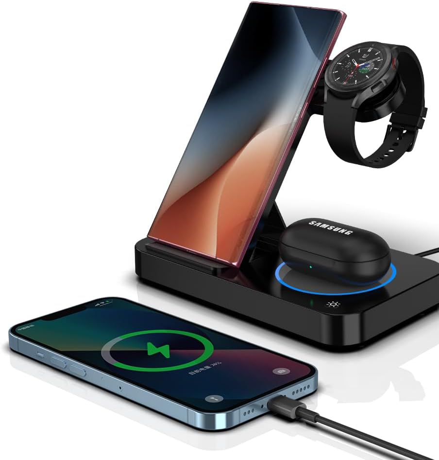OneCut Inductive Charging Station for Samsung, 4-in-1 Foldable Charging Station for Samsung S24 S23 S22 Extremely S21 Z Flip 5 Z Fold 5 Note20 Galaxy Buds Wi-fi Charger for Galaxy Watch 6/5