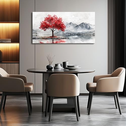 QIYILEXWART Canvas Wall Art For Living Room Wall Decor For Bedroom Office Wall Decoration Red Tree Landscape Painting Farmhouse Pictures Artwork Room Aesthetic Home Decor 20x40 In