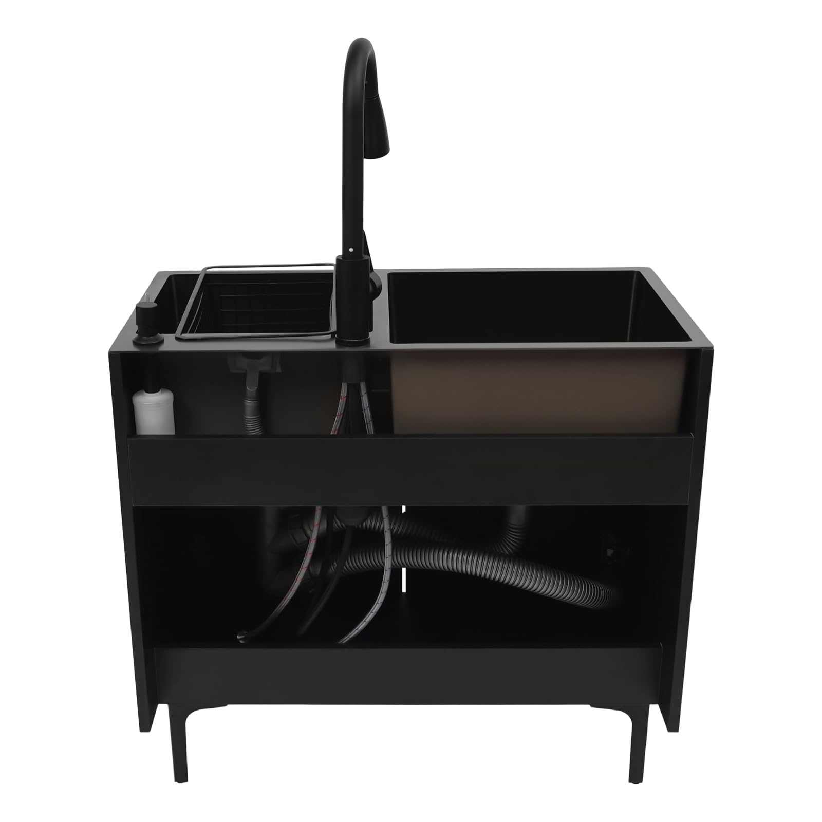 81x43x78cm Freistehende Küchenspüle mit Unterschrank Wassersäule Sprühstrahl Wasserauslass-Modi Doppelbecken Spülenschrank für Küche, Garten, Outdoor, Werkstatt (Schwarz)