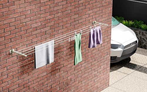 Image of BonKaso Powder Coated Metal Cloth Drying Stand Foldable for Wall Mounted /Cloth Drying Rack /Clothes Hanger for Home Or Balcony with 40 Feet Rope and Fasteners Set (37.5D x 6.5W x 6.5H cm)