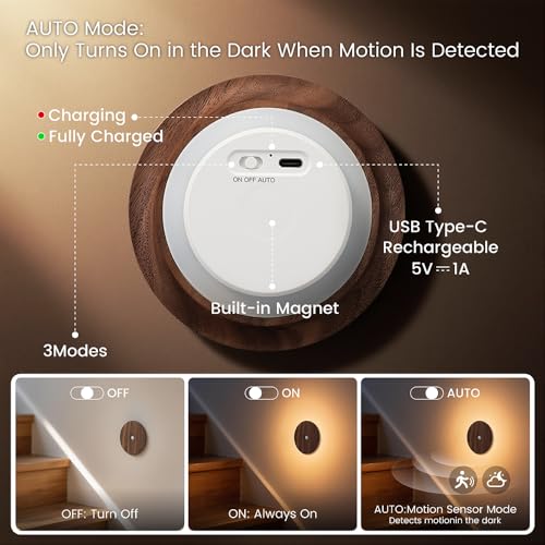 Image of Motion Sensor Night Light Wood Rechargeable Battery Powered Stick-On Step Lights Magnetic Closet Warm Nightlight for Hallway Bedroom Stair, Black Walnut