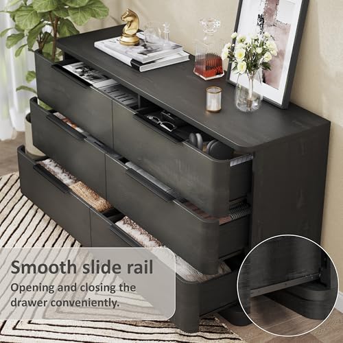 Image of 6 Drawer Dresser for Bedroom, 54 inch Wide Modern Chest of Drawers with Metal Handle, Curved Profile Design, Wooden Black Dresser Closet Clothes Storage TV Stand for Living Room, Hallway