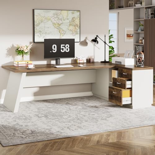 Image of Tribesigns 78 inch L-Shaped Executive Desk, Large Modern Office Desk with Drawers and Lateral File Cabinet, Business Furniture with Storage Shelves, Big Computer Desk for Home Office (Brown + White)