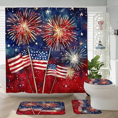 Juego de 4 cortinas de ducha de fuegos artificiales del 4 de julio con alfombra antideslizante, en forma de U y cubierta de tapa de inodoro, decoración de baño del Día de la Independencia de Estados