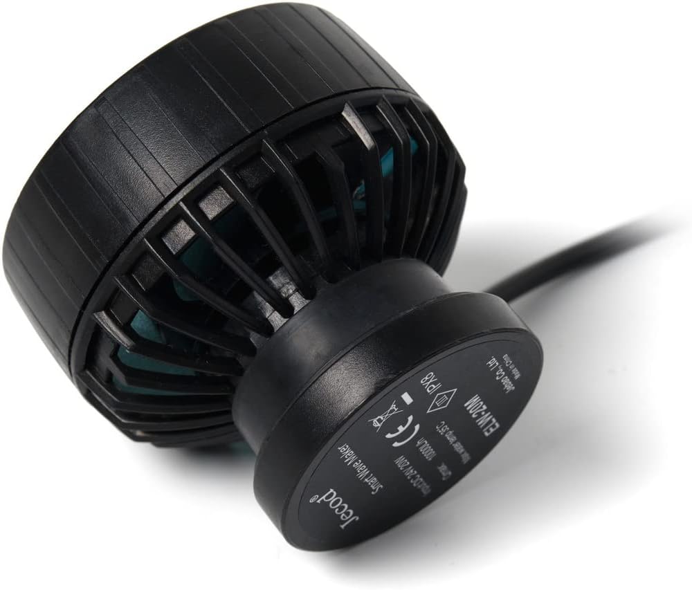 Bottom view of the Jebao ELW wave maker pump, showing the model number 'ELW-20M' and other specifications printed on the base.