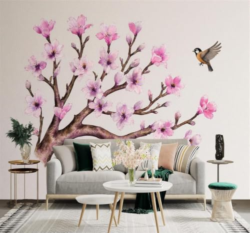 Papier peint intissé fleurs de cerisier rose 3D oiseaux canapé salon 400x280