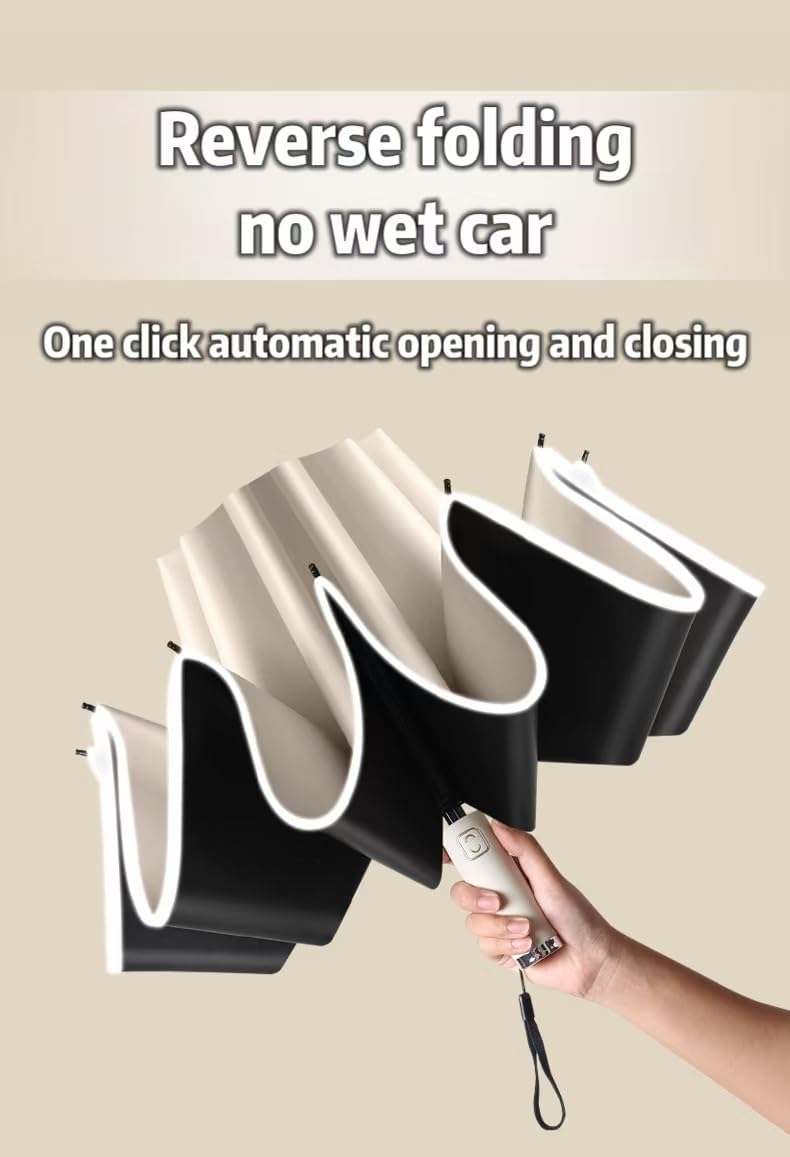 Rainproof Sunshade with Reflective Halo and LED Road Light at Night to Protect You and Your Family, UPF50+, Reverse Folding Umbrella, Automatic Opening and Closing Umbrella (Off-White)