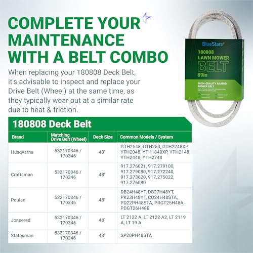 Image of BlueStars 180808 Deck Belt | Aramid Cord | 5 /8 inch x 89 inch | For 48 inch Deck Husqvarna GT5000 YTH2148 YTH2048 YTH2248 YTH1848XP AYP Craftsman Lawn Mowers Replaces 532180808 174369 532174369