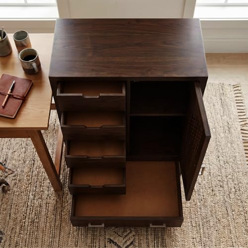 Image of Amazon Brand - Solimo Solid Sheesham Wood Truva Sideboard Cabinet with 5 Drawers & 1-Door Storage | Storage Cabinet for Living Room, Kitchen & Bedroom Organizer Chest of Drawers (Walnut Finish)
