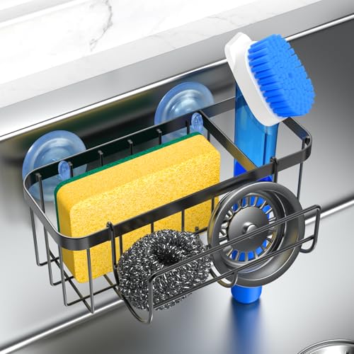 HOKEMOM 3-in-1 Kitchen Sink Caddy Organizer with Sponge Holder, Brush Holder, Extra Rack for Scrubber, Sink Stopper, Dish Cloth Hanger - Strong Dual Suction Cup, 2.0mm SUS304 Stainless Steel - Black