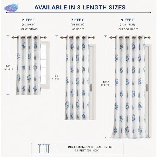 Image of Clasiko Block Print Sheer Door Curtains; 40% Light Filtering Linen Textured Curtains with Eyelets & Tieback; Set of 2; 54x60 Inches / 5 Feet; Vintage Bloom