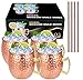 izdeel Moscow Mule Tazas Mugs Mula de Moscú Copas de Cóctel de 4 Vasos de Cobre con 4 Pajitas, para Cócteles, Whisky, Vodka, Bebidas Frías, Fiestas, Bares, Regalo, Decoracion, Día de la Madre