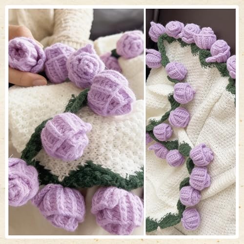 Manta de ramo de flores de ganchillo hecha a mano morada de 40 pulgadas 5