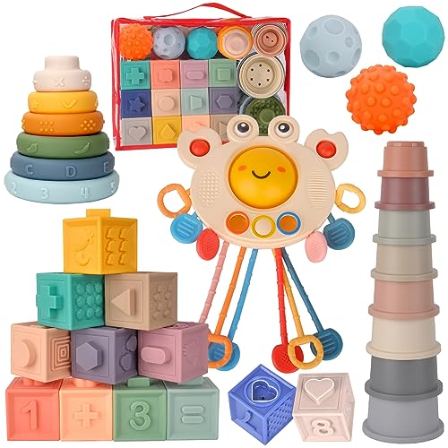 Image of Yolesty 5-in-1 Montessori Sensory Baby Toys for 6 to 12 Months, Educational Stacking Building Blocks Cups Rings & Soft Infant Teething Activity Toys & Sensory Balls for Toddlers Boys Girls 1 2 3