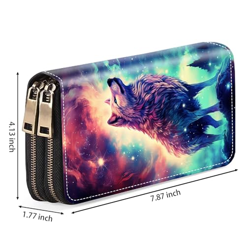 Wolf Print Women Large Capacity PU Leather Double Zipper Wallet, Multifunctional Clutch Purse for Cash/Card/Coin/Smart Phone2