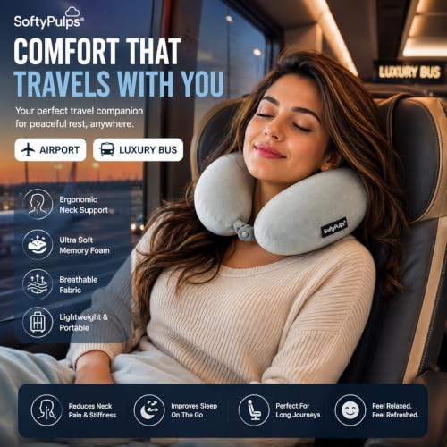 Image of Memory Foam Travel Neck Pillow with Breathable Washable Cover | U-Shaped Orthopedic Airplane Neck Support Cushion for Flight, Car, Train & Office | Soft Slow Rebound Foam | Grey
