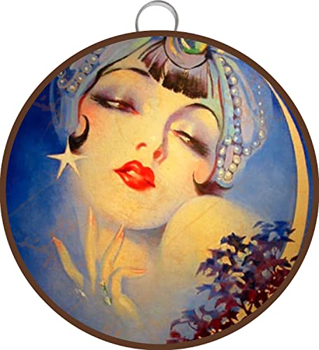 Gypsy Art Deco Moon Tin Sign - 1920's Jazz Age Roaring 20s Portrait - Vintage Style Wall Art, Round Metal Tin Sign, 6 x 6 Inch