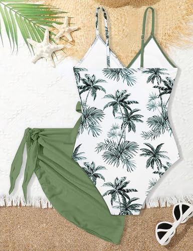 Image of Girls Swimsuit One Piece Bathing Suit Tropical Floral with Adjustable Straps Girls'Swimwear with Cover Up 9-16T