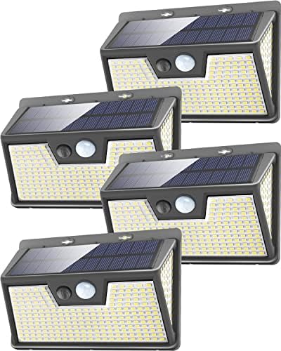 [4 Pack] 320LED Solar Security Lights Motion Sensor, Solar Lights Outdoor, IP65 Waterproof, Wireless, 3 Modes, Durable Solar Powered Wall Outside Lights for Fence, Door, Garage,Yard, Pathway, Patio